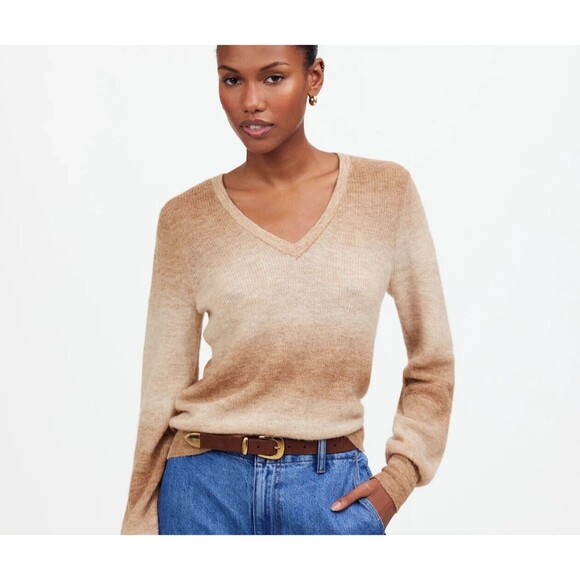 Madewell Alpaca Blend Sweater Women XL Deep V Neck Gradient Beige Quiet Luxury - Picture 1 of 8